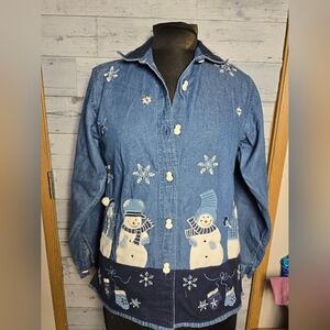 Vintage Festive Winter Snowman Dressbarn Denim Button Down Long Sleeve Shirt